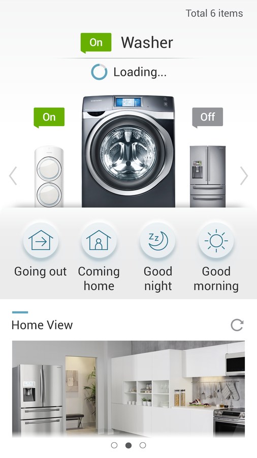 Device list showing a completed washer cycle, mode presets, and a Home View of the kitchen