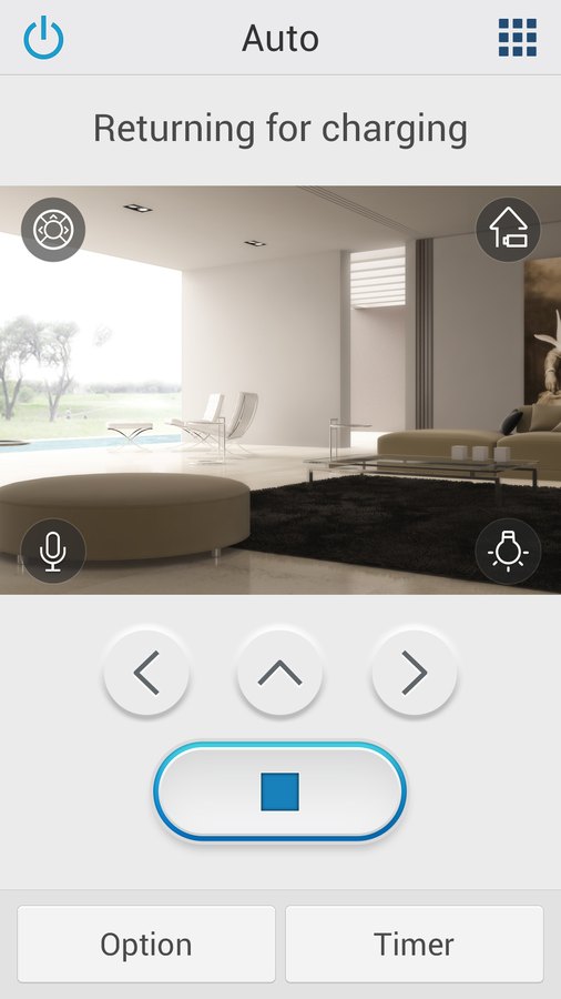 Robot vacuum screen with a live camera view, returning for charging