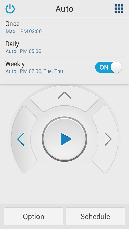 Scheduling screen with once, daily, and weekly rules above a directional pad