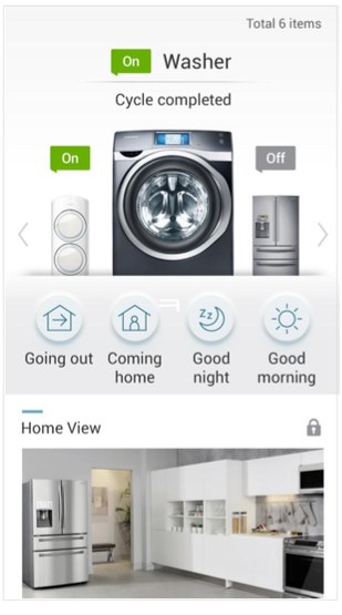 Device list showing a completed washer cycle, mode presets, and a Home View of the kitchen