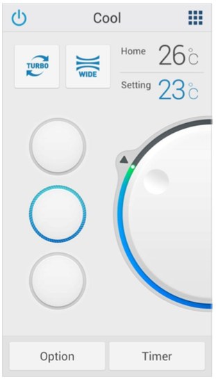 Air conditioner control screen in Cool mode, set to 23 degrees