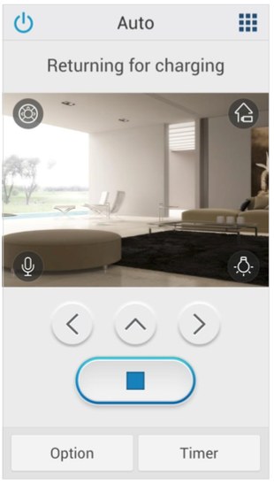 Robot vacuum screen showing the live camera view and returning for charging