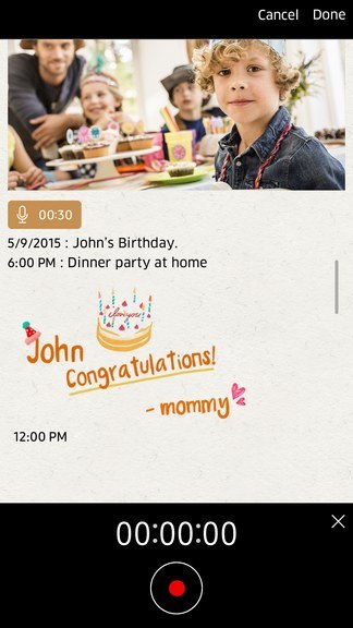 Family Hub memo and photo screen with a handwritten birthday note