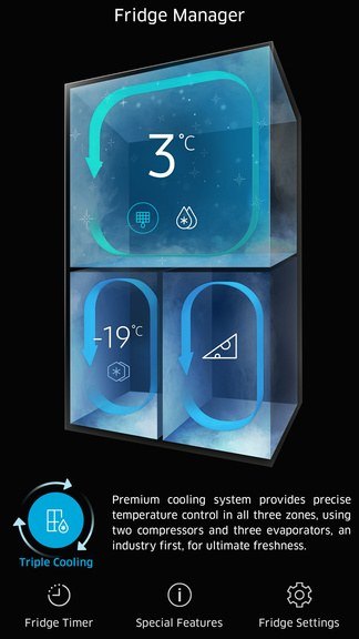 Fridge Manager screen showing the three cooling zones and their temperatures