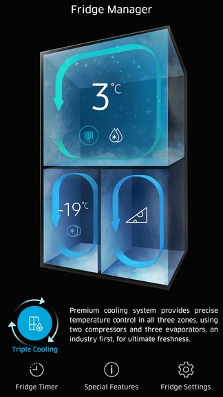 Fridge Manager screen showing the three cooling zones and their temperatures