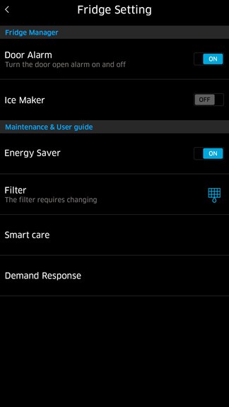 Fridge settings list with door alarm, ice maker, and energy saver