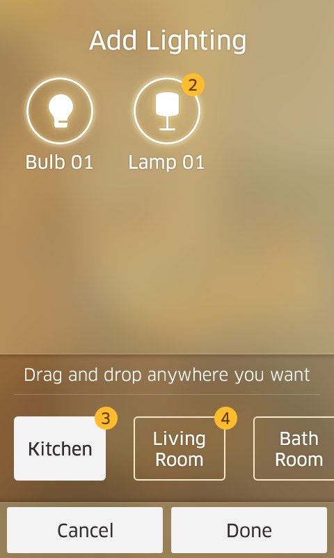 Add Lighting screen, dragging a bulb and a lamp into the Kitchen, Living Room, or Bath Room