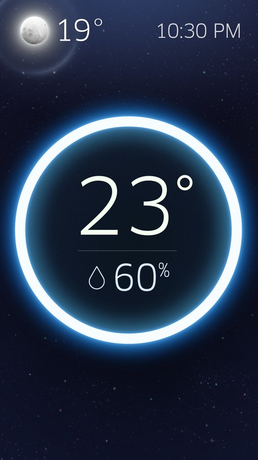 Ambient screen at night showing 23 degrees and 60 percent humidity