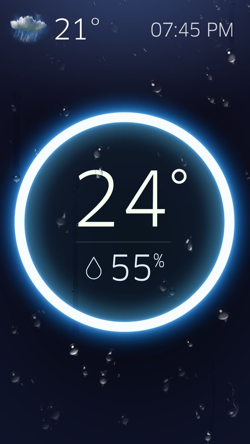 Ambient screen in rain showing 24 degrees and 55 percent humidity