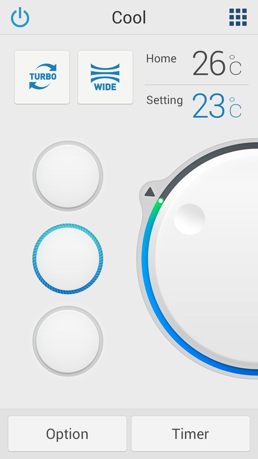 Air conditioner app in Cool mode, set to 23 degrees against a home reading of 26