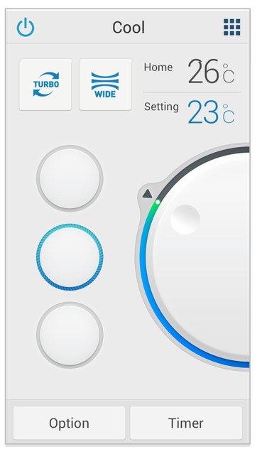 Air conditioner app in Cool mode, set to 23 degrees against a home reading of 26
